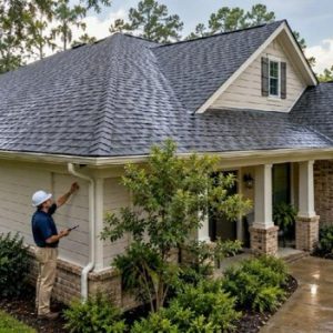 man looking at siding on house