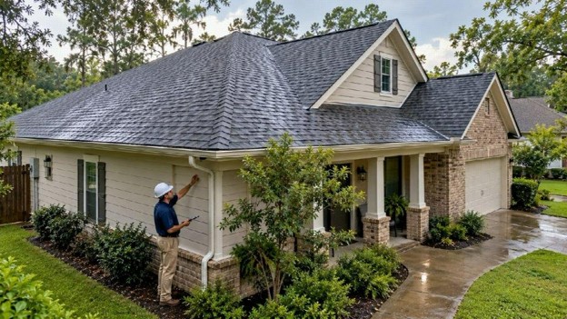 man looking at siding on house