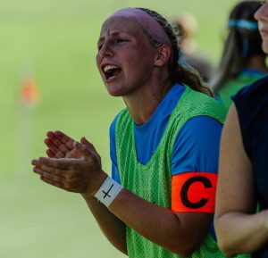 Lady Choctaws soccer player Parker St. Amant wears the captain’s armband against Dallas Baptist on Aug. 29 at Longabaugh Field