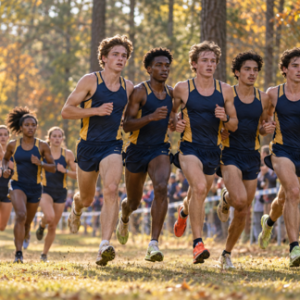 runners wearing blue and gold