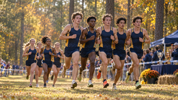 runners wearing blue and gold
