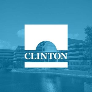 Clinton city logo in white on a blue background