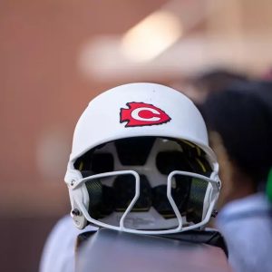 White Clinton Arrows softball batting helmet with a red C logo