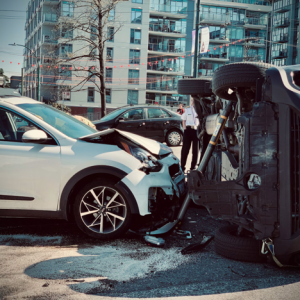 white car wreck with black car overturned