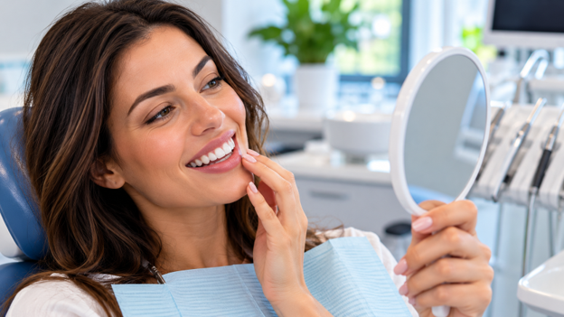 woman at dentist looking at teeth in mirror