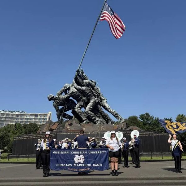 MC's Marching Band performs in front of the U.S. Marine Corps War Memorial in Arlington, Virginia.