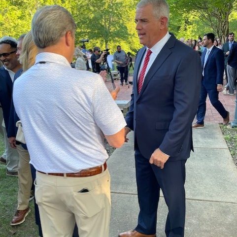 Philip Gunn talks with supporters April 14 after announcing his campaign for governor at the Clinton Visitor Center.