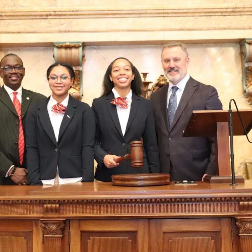 Pictured (l to r) are Representative Rickey Thompson, Ricki Williams, Keziah Kimple and Speaker of the House Jason White. Representative John Hines (not pictured) sponsored their visit.