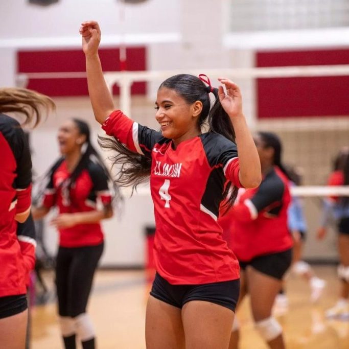 Clinton Lady Arrows volleyball players celebrating on the court